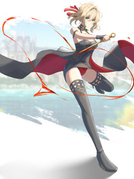1girl absurdres bare_shoulders black_boots black_dress black_gloves blonde_hair blue_eyes blurry blurry_background boots border braid cosplay crown_braid dagger dress fading_border full_body gloves hair_between_eyes hair_intakes hair_ribbon hand_up high_heels highres holding holding_dagger holding_knife holding_weapon knife leg_up looking_at_viewer outside_border panties pantyshot red_panties ribbon shadow short_dress short_hair sleeveless sleeveless_dress solo spy_x_family standing standing_on_one_leg stiletto_(weapon) thigh_boots underwear violet_evergarden violet_evergarden_(series) weapon yor_briar yor_briar_(cosplay) yuqi_dongman
