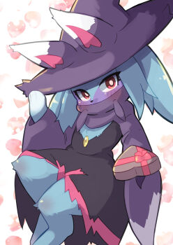 1girl animal_ears blush box commentary_request dress furry furry_female gift gift_box heart-shaped_box highres holding holding_box katress looking_at_viewer osa0801 palworld red_eyes solo