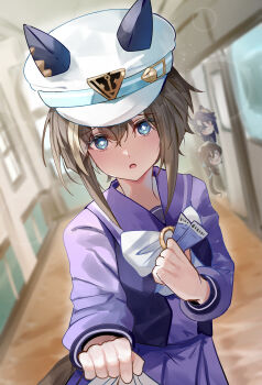 3girls :3 absurdres animal_ears bimmy blush bow cheval_grand_(umamusume) closed_mouth commentary ears_through_headwear english_commentary hair_between_eyes hat highres holding holding_paper horse_ears horse_girl horse_tail indoors long_hair multiple_girls open_mouth paper peaked_cap peeking purple_eyes purple_sailor_collar purple_shirt purple_skirt sailor_collar school school_uniform shirt short_hair side_ponytail skirt smile tail tracen_school_uniform umamusume verxina_(umamusume) vivlos_(umamusume) white_bow white_hat