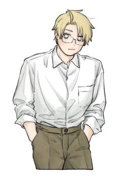 1boy ahoge america_(hetalia) axis_powers_hetalia black-framed_eyewear blonde_hair blue_eyes breast_pocket brown_pants buttons closed_mouth collared_shirt commentary_request cowboy_shot glasses hands_in_pockets highres long_sleeves looking_at_viewer male_focus mi_aph_to pants pocket puffy_long_sleeves puffy_sleeves semi-rimless_eyewear shirt short_hair simple_background smile solo standing white_background white_shirt