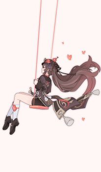 1girl absurdres black_hat black_shoes black_shorts brown_coat brown_hair bug butterfly closed_eyes coat coattails floating_hair flower full_body genshin_impact hat highres hu_tao_(genshin_impact) insect kneehighs long_hair long_sleeves on_swing origami_gyokuo red_flower shoes shorts simple_background sitting smile socks swing tassel twintails very_long_hair vision_(genshin_impact) white_socks