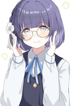 1girl absurdres bespectacled black_vest blue_ribbon blunt_bangs blush braid closed_mouth collared_shirt commentary_request flower gakuen_idolmaster glasses hair_flower hair_ornament hands_up hataya_misuzu hatsuboshi_gakuen_school_uniform highres idolmaster long_sleeves looking_at_viewer medium_hair mole mole_under_mouth neck_ribbon purple_eyes purple_hair raichita ribbon round_eyewear school_uniform shirt side_braid simple_background smile solo split_mouth upper_body vest white_background white_flower white_shirt