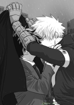 2boys absurdres arms_up bakugou_katsuki boku_no_hero_academia building collared_shirt commentary_request from_side highres holding holding_unworn_clothes holding_unworn_jacket implied_kiss jacket layered_sleeves long_sleeves looking_at_another male_focus midoriya_izuku multiple_boys necktie oroshi_mi outdoors rain shirt suit_jacket superhero_costume upper_body watermark wing_collar yaoi