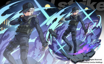 1boy apple_caramel baseball_cap black_gloves black_hat black_pants black_shirt building closed_mouth cloud commentary_request copyright_request eyebrows_hidden_by_hair fingerless_gloves full_moon gloves grey_eyes grey_hair hair_between_eyes hand_up hat highres holding holding_knife knife long_sleeves looking_at_viewer male_focus moon night night_sky official_art pants shirt sky smoke