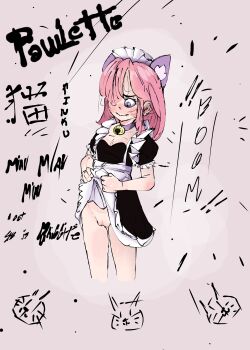 1girl brawl_stars cat_girl clothes_lift colette_(brawl_stars) highres jewelry legs loli maid necklace pink_hair pinku_pawlette_(brawl_stars) purple_eyes pussy sheisbrigitte shy skirt skirt_lift