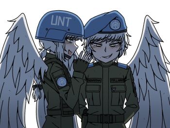 2girls @_@ angel angel_wings belt_around_waist beret blue_hat blue_helmet blush braid braided_ponytail commentary english_commentary feathered_wings fingerless_gloves from_side gloves green_gloves green_jacket hand_up hat helmet jacket karepack long_hair looking_at_viewer looking_to_the_side military_uniform multiple_girls open_mouth original pocket profile short_hair shoulder_pads simple_background smirk soldier teeth united_nations upper_body white_background white_eyes white_hair white_wings wings