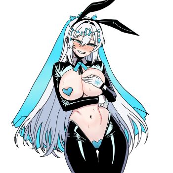 1girl absurdres animal_ear_hairband animal_ears areola_slip arm_under_breasts black_hiphighs black_shrug blue_eyes blush breasts collared_shrug commentary_request commission covering_one_breast covering_privates crotchless duel_monster fake_animal_ears frontless_outfit gloves grey_hair grin hair_between_eyes hairband heart_maebari heart_pasties highres hiphighs hmzeus large_breasts latex latex_legwear latex_shrug long_hair maebari navel pasties pixiv_commission rabbit_ear_hairband rabbit_ears revealing_clothes reverse_bunnysuit reverse_outfit shrug_(clothing) simple_background smile solo teardrop_the_rikka_queen white_background yu-gi-oh!