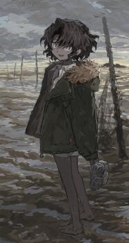 1boy :d barefoot black_hair curly_hair dark-skinned_male dark_skin from_side fur-trimmed_jacket fur_trim green_jacket grey_sky highres holding holding_shoes holding_unworn_clothes jacket long_sleeves looking_at_viewer male_focus mud namoku_(namottttt) open_mouth original painterly scenery shirt shoes short_hair shorts sky smile tsurime unworn_shoes water white_eyes white_shirt white_shorts