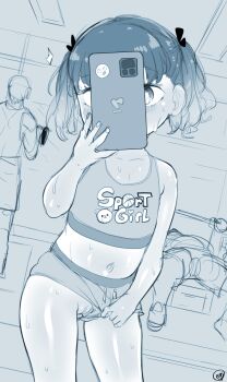 blue_theme born-to-die cleft_of_venus clothes_pull cowboy_shot drawstring flashing gym gym_shorts highres loli mirror monochrome no_panties original phone public_indecency pulling_own_clothes pussy selfie shorts shorts_pull sports_bra sportswear sweat tagme