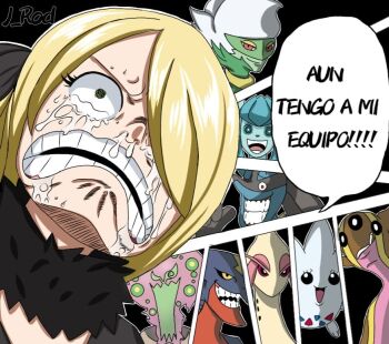 1girl 5others artist_request black_coat black_shirt blonde_hair breasts coat cynthia_(pokemon) fur-trimmed_coat fur_collar fur_trim garchomp gastrodon gastrodon_(west) gen_3_pokemon gen_4_pokemon glaceon grey_eyes hair_ornament i_still_have_my_friends_(meme) long_hair lucario mega_garchomp mega_pokemon meme milotic mucus multiple_boys multiple_girls multiple_others nintendo oda_eiichirou_(style) official_style one_piece parody poke_ball pokemon pokemon_(creature) pokemon_dppt roserade sad saliva shirt source_request spanish_text spiritomb teardrop tears teeth togekiss translated ugly very_long_hair what