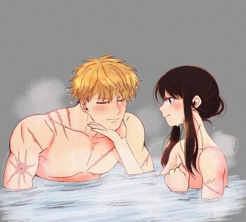 1boy 1girl bath bathing black_hair blonde_hair blush breasts commentary completely_nude cross_scar husband_and_wife long_hair mixed-sex_bathing multiple_scars muscular muscular_male nude partially_submerged pectorals pokianne red_eyes scar scar_on_arm scar_on_chest shared_bathing short_hair smile spy_x_family steam twilight_(spy_x_family) untranslatable_commentary upper_body wet yor_briar