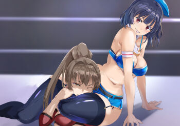 2girls boots catfight head_between_thighs kantai_collection knee_boots leg_lock moroheiya_(moroheiya-works) multiple_girls scissorhold tagme takao_(kancolle) wrestling wrestling_ring yamato_(kancolle)