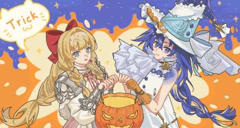 Rule 34 | 6+girls, alternate costume, animated, animated gif, aqua hair, ascot, bag, bare shoulders, black coat, black hat, blonde hair, blue eyes, blue hair, blue skirt, blue tube top, bow, candy, candy jar, clothing cutout, coat, colored inner hair, commentary, coral hair ornament, cuffs, cup, dress, food, gloves, hair bow, hair ornament, hair over one eye, halloween, halloween bucket, hat, hissabeth, hissabeth (serpentine primavera), holding, holding bag, holding candy, holding cup, holding food, holding halloween bucket, holding lollipop, holding tray, jacket, kiperina, lollipop, long hair, multicolored hair, multiple girls, official alternate costume, one eye covered, orange background, orange gloves, pointer (reverse:1999), purple eyes, reverse:1999, rokilly, short hair, shoulder cutout, skirt, sparkle, speech bubble, straitjacket, strapless, swirl lollipop, tray, trick or treat, tube top, untranslatable commentary, upper body, vila (reverse:1999), voyager (reverse:1999), white ascot, white dress, white hair, white jacket, windsong (reverse:1999), witch hat