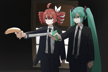 2girls ahoge alternate_costume aqua_eyes aqua_hair banana black_necktie black_suit dress_shirt drill_hair expressionless food formal_clothes fruit hatsune_miku highres holding holding_food holding_fruit holding_vegetable indoors kasane_teto multiple_girls necktie pulp_fiction red_eyes red_hair ribbon scene_reference shirt spring_onion standing suit tenten_(chan4545) twin_drills twintails utau vegetable vocaloid white_ribbon white_shirt wing_collar