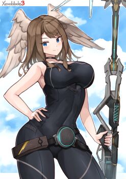1girl absurdres black_bodysuit black_choker blue_eyes bodysuit breasts brown_hair choker eunie_(xenoblade) hand_on_own_hip head_wings highres holding holding_weapon large_breasts long_hair looking_at_viewer medium_hair smile solo weapon white_wings wings xenoblade_chronicles_(series) xenoblade_chronicles_3 yotsuha_uni
