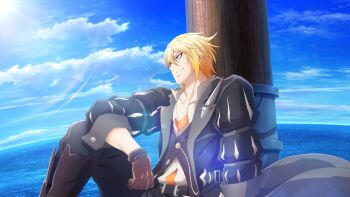 Rule 34 | 1boy, arm on knee, artist request, black coat, blonde hair, blue eyes, boots, brown boots, brown gloves, cloud, coat, commentary, cowboy shot, day, eizen (tales), english commentary, game cg, gloves, hair between eyes, highres, mast, ocean, official art, orange shirt, outdoors, shirt, short hair, sitting, sky, smile, solo, tales of (series), tales of berseria, tales of crestoria, third-party source