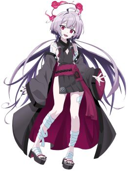 1girl :d absurdres amanotti_01 bandaged_arm bandaged_foot bandaged_leg bandages bare_shoulders bell black_nails blue_archive coat commentary flat_chest full_body gauze gauze_on_cheek grey_coat grey_hair grey_sleeves halo highres japanese_clothes jingle_bell long_hair long_sleeves looking_at_viewer open_clothes open_coat open_mouth pointy_ears red_eyes red_halo sandals sash shuro_(blue_archive) sideless_kimono sideless_outfit simple_background smile solo standing white_background