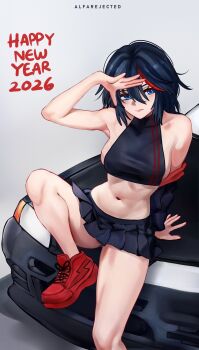 1girl 2026 absurdres alfarejected bare_shoulders black_hair blue_eyes breasts car collarbone commentary crop_top english_commentary happy_new_year highres kill_la_kill lips looking_at_viewer matoi_ryuuko midriff miniskirt motor_vehicle multicolored_hair navel new_year on_car red_hair red_shoes shoes sideboob simple_background skirt sneakers solo streaked_hair v-shaped_eyebrows
