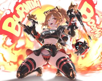 Rule 34 | 1girl, belt, black belt, black gloves, black jacket, black skirt, black thighhighs, black tube top, blonde hair, blush, breasts, burnice white, commentary request, crop top, cropped jacket, eyewear on head, fingerless gloves, fire, flamethrower, full body, gloves, highres, holding, holding flamethrower, holding weapon, jacket, kneeling, large breasts, long hair, long sleeves, looking at viewer, miniskirt, navel, open clothes, open jacket, open mouth, panties, red-tinted eyewear, red eyes, skirt, smile, solo, spiked belt, spiked jacket, stomach, strapless, sunglasses, syam illust, teeth, thigh belt, thigh strap, thighhighs, thighs, tinted eyewear, tiptoes, tube top, twintails, underwear, upper teeth only, weapon, zenless zone zero