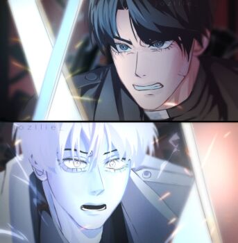 2boys aegyo_sal black_coat black_eyes black_hair black_shirt clenched_teeth coat collared_shirt commentary embers english_commentary furrowed_brow highres holding holding_sword holding_weapon jozllie kim_dokja looking_at_viewer multiple_boys omniscient_reader's_viewpoint open_clothes open_coat popped_collar portrait serious shirt short_hair sword teeth weapon white_coat yoo_joonghyuk