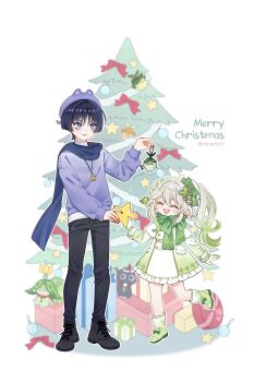 1boy 1girl absurdres alternate_costume animal_ear_headwear animal_hat aranara_(genshin_impact) asymmetrical_sidelocks beret black_boots black_hair black_nails black_pants black_scarf blunt_ends blush boots bow box casual cat_hat christmas christmas_ornaments christmas_tree closed_eyes colored_eyelashes commentary contemporary dress english_commentary eyelashes eyeliner eyeshadow facing_another fake_animal_ears frilled_sleeves frills fringe_trim full_body genshin_impact gift gift_box glint gloves gold_pendant green_boots green_dress green_hair green_sleeves hair_between_eyes half_crown_braid happy hat height_difference highres holding jewelry lace-up_boots layered_shirt long_hair long_sleeves looking_to_the_side makeup merry_christmas multicolored_hair nahida_(genshin_impact) narurin21 necklace open_mouth pants pointy_ears purple_eyes purple_hat purple_shirt purple_sleeves red_bow red_eyeliner red_eyeshadow red_scarf scaramouche_(cat)_(genshin_impact) scaramouche_(genshin_impact) scarf shirt side_ponytail sidelocks star_(symbol) streaked_hair stuffed_animal stuffed_toy teeth turtleneck turtleneck_shirt twitter_username undershirt upper_teeth_only white_background white_gloves white_hair white_mouth white_shirt wispy_bangs