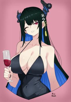 1girl ;d absurdres alcohol asymmetrical_horns black_dress black_hair black_nails blue_hair breasts cleavage colored_inner_hair cup cupping_glass demon_horns dress drink drinking_glass glass hair_ornament hashtag-only_commentary highres holding holding_cup hololive hololive_english horns large_breasts long_hair looking_at_viewer mole mole_under_eye multicolored_hair nerissa_ravencroft one_eye_closed open_mouth red_eyes red_wine ricrook smile solo two-tone_hair uneven_horns very_long_hair virtual_youtuber wine wine_glass