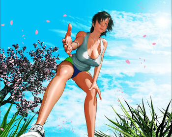 1girl black_hair blue_sky breasts cherry_blossoms cleavage cloud day grass kill_the_king large_breasts lips looking_at_viewer outdoors petals shoes short_hair shorts sky sneakers solo tank_top tree white_footwear