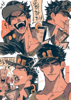 >_< 3boys :d ^_^ black_hair black_hat cigarette closed_eyes commentary constricted_pupils flattop grey_hair hat high_collar highres jean_pierre_polnareff jojo_no_kimyou_na_bouken kakyoin_noriaki korean_text kuujou_joutarou laughing male_focus mnnd multiple_boys multiple_views open_mouth peaked_cap red_hair smile smoking stardust_crusaders sweat symbol-only_commentary tall_hair wide-eyed xd