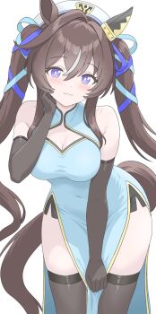 Rule 34 | 1girl, :3, animal ears, beret, black gloves, black thighhighs, blue dress, blue eyes, blue ribbon, blush, breasts, brown hair, china dress, chinese clothes, cleavage, cleavage cutout, closed mouth, clothing cutout, dress, ear covers, elbow gloves, gloves, hair between eyes, hair ribbon, hat, highres, horse ears, horse girl, horse tail, kurama (jpjvn42ej6tug5n), large breasts, long hair, looking at viewer, multicolored hair, purple eyes, ribbon, simple background, single ear cover, sleeveless, sleeveless dress, smile, solo, streaked hair, tail, thighhighs, twintails, umamusume, vivlos (umamusume), white background, white hat