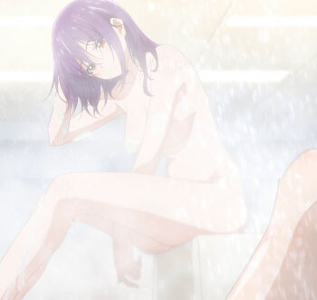 1girl absurdres anime_screenshot aoba_yuzuki ass breasts censored_nipples collarbone completely_nude convenient_censoring highres large_breasts looking_at_viewer medium_hair navel nude purple_hair red_eyes sidelocks sitting soap soap_bubbles soap_censor stitched stomach temple_(series) thighs third-party_edit water wet