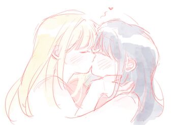 2girls black_hair blonde_hair blush cho_kaguya-hime! closed_eyes commentary hand_on_another's_face hashtag-only_commentary heart kaguya_(cho_kaguya-hime!) kiss long_hair multiple_girls nhymoo sakayori_iroha upper_body yuri