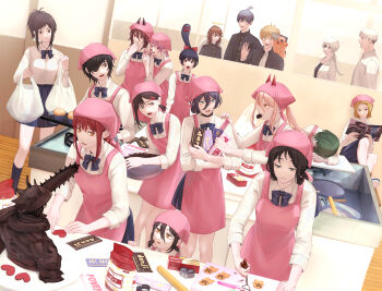 6+boys 6+girls angel_devil_(chainsaw_man) angel_wings animal animal_on_shoulder apron arguing bad_id bad_pixiv_id bag bandana black_choker black_hair black_jacket black_sclera black_shirt black_socks blonde_hair blue_bow blue_skirt bow braid braided_ponytail brown_hair chainsaw chainsaw_devil chainsaw_man character_name chocolate_statue choker collared_shirt colored_sclera cookie_cutter cosmo_(chainsaw_man) cross-shaped_pupils dangling_eye denji_(chainsaw_man) eyepatch food futakuchi-onna gakuran gingerbread_man green_eyes green_hair grey_hair grocery_bag hair_bow hair_ornament hairclip halo hand_on_another's_shoulder hayakawa_aki head_on_table heart higashiyama_kobeni highres himeno_(chainsaw_man) holding holding_food holding_tray horns horns_through_headwear jacket kishibe_(chainsaw_man) kotochi_re long_(chainsaw_man) long_hair looking_at_another looking_at_object looking_down looking_to_the_side magazine_(object) makima_(chainsaw_man) medium_hair messy_hair mole mole_under_eye muffin multiple_boys multiple_girls multiple_moles nayuta_(chainsaw_man) open_mouth orange_eyes pale_skin pingtsi_(chainsaw_man) pink_apron pink_bandana pink_hair pochita_(chainsaw_man) ponytail power_(chainsaw_man) prehensile_hair purple_hair quanxi_(chainsaw_man) reading red_bow red_eyes red_hair red_horns reze_(chainsaw_man) ringed_eyes rolling_pin santa_claus_(chainsaw_man) sawatari_akane_(chainsaw_man) scar scar_on_face school school_uniform sculpting shirt shirt_tucked_in shopping_bag short_hair short_ponytail short_twintails sidelocks single_sidelock sitting skirt smile socks stitched_face stitched_mouth stitches sweat swept_bangs symbol-shaped_pupils tendou_michiko topknot tray tsugihagi_(chainsaw_man) twintails undercut white_hair white_jacket white_shirt white_wings wings yellow_eyes