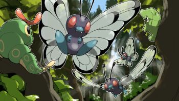 Rule 34 | animal focus, antennae, blacknirrow, bug, butterfree, caterpie, evolutionary line, fangs, flying, forest, gen 1 pokemon, highres, insect wings, metapod, nature, nintendo, no humans, outdoors, outline, pokemon, pokemon (creature), pokemon focus, red eyes, tree, white outline, wings