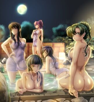 5girls annotated arm_support armpits ass athena_(fire_emblem) back bad_id bad_pixiv_id bare_back bath bent_over black_hair blush boulder breast_press breasts brown_eyes cleavage covered_erect_nipples covering_breasts covering_privates female_focus fire_emblem fire_emblem:_mystery_of_the_emblem fire_emblem:_path_of_radiance fire_emblem:_radiant_dawn fire_emblem:_shadow_dragon fire_emblem:_the_blazing_blade fire_emblem:_the_sacred_stones green_eyes green_hair hair_bun hair_up hand_on_own_hip highres hip_focus karla_(fire_emblem) kneeling large_breasts legs long_hair looking_at_viewer looking_back lyn_(fire_emblem) marisa_(fire_emblem) mia_(fire_emblem) moon multiple_girls naked_towel night nintendo nude nude_cover onsen pink_hair plant ponytail sajittari same-sex_bathing serious shared_bathing shy sideboob single_hair_bun sitting standing sweat towel tree water wet yellow_eyes