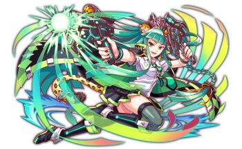 1girl adapted_costume alternate_costume animal_ear_fluff animal_ears anime_coloring artist_request black_boots black_coat black_collar black_ribbon black_skirt black_sleeves blunt_ends blunt_sidelocks boots braid breasts coat coat_on_shoulders collar collared_coat collared_shirt crash_fever dual_persona earrings fingernails firing fishnet_thighhighs fishnets flower_ornament full_body game_cg green_hair green_necktie green_theme green_trim grey_thighhighs gun hair_ornament half-closed_eyes high_collar holding holding_gun holding_weapon jewelry knee_boots leopard_ears leopard_tail long_hair long_sidelocks long_sleeves looking_at_viewer low-braided_long_hair low-tied_long_hair medium_breasts miniskirt necktie number_print numbered official_alternate_costume official_art open_mouth ose_(crash_fever) outline pleated_skirt red_outline ribbon scope shirt short_sleeves side_braid sidelocks silver_tiara skirt smile solo square square_print straight_hair tachi-e tail tail_ornament tail_ring thighhighs third-party_source tiara tie_clip tongue transparent_background two-sided_coat two-sided_fabric two-sided_skirt very_long_hair weapon white_collar white_shirt yellow_eyes yellow_tail yellow_trim zettai_ryouiki