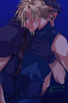 Rule 34 | 2boys, aqua eyes, arm around back, armor, artist name, bare shoulders, belt, black gloves, black hair, blonde hair, blue shirt, cloud strife, commentary request, dated, earrings, final fantasy, final fantasy vii, gloves, hair between eyes, hair slicked back, highres, jewelry, male focus, medium hair, multiple belts, multiple boys, pauldrons, shirt, short hair, shoulder armor, single earring, sleeveless, sleeveless turtleneck, spiked hair, suspenders, tears, turtleneck, upper body, yaoi, you ameno, zack fair
