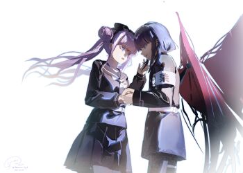 1boy 1girl absurdres armband black_bow black_hairband black_pants black_sailor_collar black_serafuku black_skirt bow bow_hairband brother_and_sister commentary dated double_bun ear_piercing eyeliner floating_hair gakuran gloves hair_bun hairband hand_up highres holding_hands last_defense_academy_school_uniform long_hair makeup neckerchief nemumioto pants piercing pink_eyes pink_hair purple_hair red_eyeliner red_wings sailor_collar school_uniform serafuku short_hair siblings skirt smile the_hundred_line_-last_defense_academy- tsukumo_ima tsukumo_kako twins twintails twitter_username white_armband white_gloves white_neckerchief wings