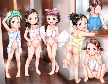 5girls :3 :d :q age_difference anus ass barefoot black_hair blue_eyes blush bottomless bow brown_hair censored cleft_of_venus collarbone drying drying_hair fat_mons feet female_focus flat_chest floral_print flower full_body green_eyes hair_bow hair_ornament hairclip hands_on_own_hips heart heart-shaped_pupils heart_print higeepon highres indoors loli looking_at_viewer mature_female mob_face mosaic_censoring multiple_girls navel no_panties open_mouth orange_eyes pink_bow pink_eyes print_clothes purple_eyes pussy short_twintails smile soles squatting standing star_(symbol) star_print steam symbol-shaped_pupils tagme tongue tongue_out towel towel_on_head twintails wet wet_hair wooden_floor