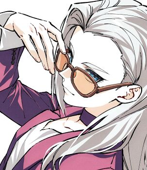 1girl absurdres adjusting_eyewear ako_(eanaaati1) blue_eyes choker closed_mouth collarbone commentary from_side glasses highres jacket long_hair long_sleeves looking_at_viewer looking_over_eyewear luo_xiaohei_zhanji luye_(the_legend_of_luoxiaohei) portrait red_choker red_jacket shirt simple_background smile solo suit_jacket symbol-only_commentary white_background white_hair white_shirt yellow-framed_eyewear