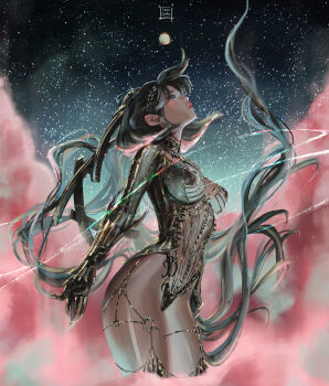 1girl artist_name black_hair breasts commentary cowboy_shot english_commentary eve_(stellar_blade) highres large_breasts long_hair looking_up paid_reward_available parted_lips solo stellar_blade tatti_art variant_set very_long_hair