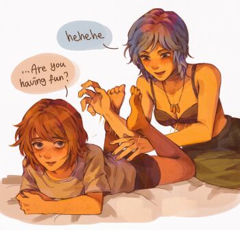 2girls :d alternate_costume barefoot breasts brown_hair chloe_price collarbone highres jewelry life_is_strange_(series) life_is_strange_1 lying max_caulfield maxcrackfield multiple_girls necklace on_stomach open_mouth pants shirt short_hair short_sleeves simple_background small_breasts smile white_background