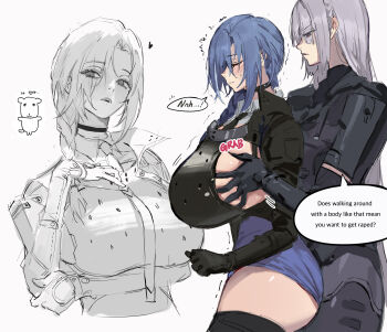 2girls ak-15_(girls&#039;_frontline) black_gloves blue_hair blush braid breasts closed_eyes dp-12_(girls&#039;_frontline) english_text girls&#039;_frontline girls&#039;_frontline_2:_exilium gloves grey_hair groping heart helen_(girls&#039;_frontline_2) highres huge_breasts long_hair moaning multiple_girls multiple_views open_mouth side_braid sideboob simple_background tactical_clothes teeth thighhighs upper_teeth_only very_long_hair voymastina_(girls&#039;_frontline_2) white_background yone_?_(yone_fatesealed) yuri zettai_ryouiki