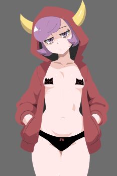 1girl absurdres adapted_costume alternate_costume black_panties breasts courtney_(pokemon) cowboy_shot fake_horns half-closed_eyes hands_in_pockets highres hood hood_up hooded_jacket horned_hood horns jacket light_frown looking_at_viewer navel nintendo open_clothes open_jacket panties pasties pokemon pokemon_oras purple_eyes purple_hair red_hood saucy_aussy short_hair small_breasts solo team_magma topless_female underwear yellow_horns