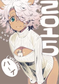 1girl 2015 animal_ears breasts chinese_zodiac cleavage cleavage_cutout clothing_cutout commentary_request dark-skinned_female dark_skin dress green_eyes medium_breasts open-chest_sweater original sheep sheep_ears short_hair solo sweater sweater_dress tanaka_masayoshi white_hair year_of_the_goat