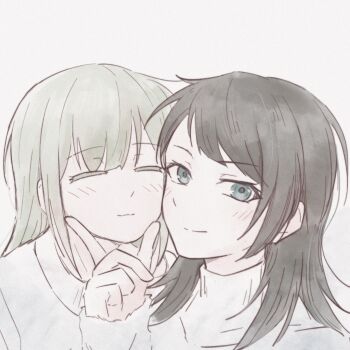 Rule 34 | 2girls, bang dream!, bang dream! it's mygo!!!!!, black hair, blue eyes, cheek-to-cheek, closed eyes, closed mouth, commentary request, hand on another's face, heads together, highres, long hair, multiple girls, simple background, smile, upper body, wakaba mutsumi, white background, yahata umiri, yakaze (yakaze1604), yuri