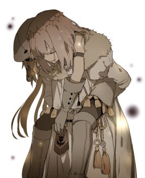 1boy 1girl artoria_caster_(fate) artoria_caster_(first_ascension)_(fate) artoria_pendragon_(fate) bare_shoulders black_pantyhose boots buttons closed_eyes crown fate/grand_order fate_(series) fur_hat fur_trim gloves grey_footwear grey_fur grey_gloves grey_hair grey_headwear hat hiiragi_fuyuki holding long_hair long_sleeves oberon_(fate) oberon_(second_ascension)_(fate) ornament pantyhose robe short_hair sleeping twintails ushanka white_background white_robe