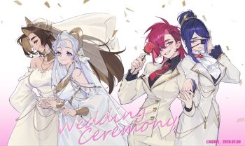 Rule 34 | 4girls, agune p, ascot, blue hair, bridal veil, bride, brown hair, caitlyn (league of legends), diana (league of legends), dress, eyepatch, facial tattoo, female focus, flower, forehead tattoo, formal clothes, groom, highres, holding, holding flower, holding hands, league of legends, leona (league of legends), looking at viewer, multiple girls, red hair, see-through clothes, see-through veil, smile, suit, tattoo, veil, vi (league of legends), wedding dress, white dress, white hair, white suit, wife and wife, yuri