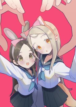 2girls :o animal_ear_hairband animal_ears black_sailor_collar black_skirt blonde_hair blue_neckerchief bow breasts brown_eyes brown_hair cat_ear_hairband cat_ears collarbone colored_eyelashes commentary_request cowboy_shot fake_animal_ears fake_tail gakuen_idolmaster hairband hand_up hatsuboshi_gakuen_school_uniform head_tilt heart heart_hands heart_hands_duo highres idolmaster kuramoto_china lily-an long_hair long_sleeves looking_at_viewer multiple_girls neckerchief open_mouth orange_eyes parted_bangs pink_bow pleated_skirt rabbit_ear_hairband rabbit_ears reaching reaching_towards_viewer red_background sailor_collar sailor_shirt school_uniform shinosawa_hiro shirt simple_background skirt small_breasts tail