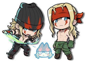 Rule 34 | 1boy, 2boys, :<, alex (street fighter), bandana, beanie, black pants, blonde hair, blood, blood on clothes, blood on face, blue eyes, boots, chibi, facial mark, fingerless gloves, gloves, hat, headband, highres, holding, holding weapon, injury, jacket, long hair, male focus, multiple boys, open mouth, pants, pectorals, sach56000, standing, street fighter, street fighter iii (series), tattoo, topless male, vest, weapon