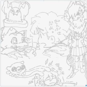 Rule 34 | 1girl, 2boys, amanokawa hiro, angoramon, digimon, digimon (creature), digimon ghost game, dinosaur, gammamon, higashimitarai kiyoshiro, highres, jellymon, kimoppo (kmzk), long hair, monochrome, multiple boys, rabbit, shakomon, short hair, tentacles, triceratops, tsukiyono ruli